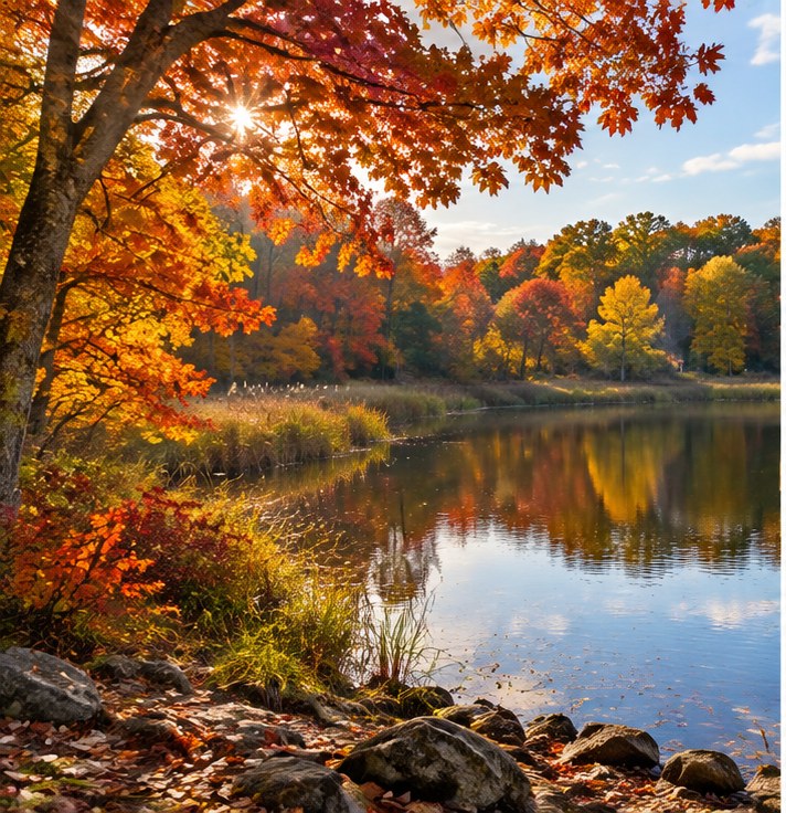 Peaceful autumn trees reflected in a pond