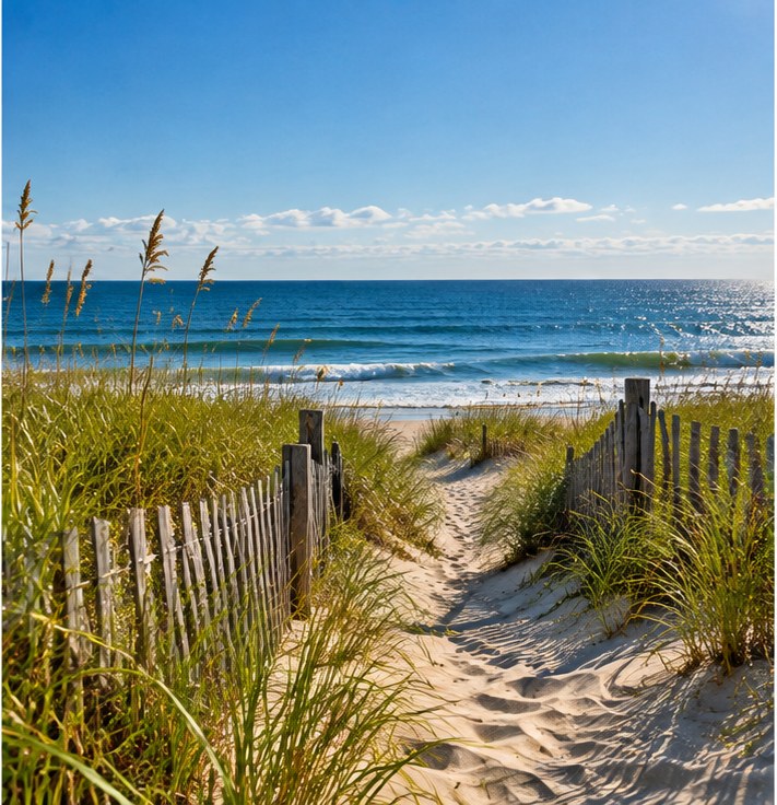 A sunlit dune path leading toward the ocean