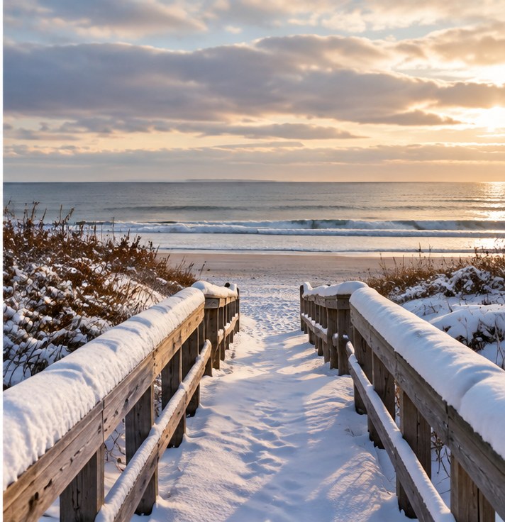 Quiet winter beach boardwalk in soft morning light